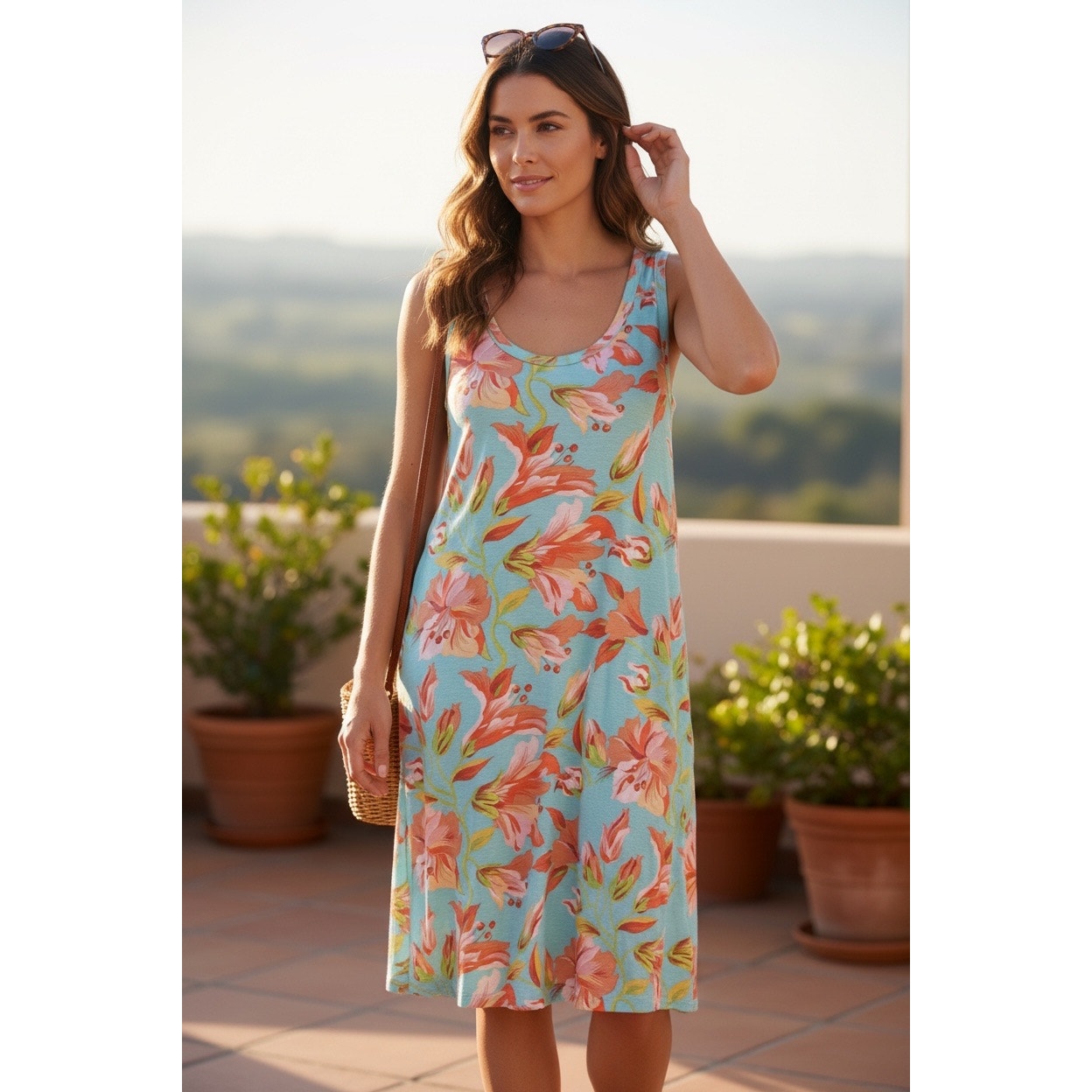 Soft Surroundings Santiago Lily Dress Sleeveless Blue Floral Jersey Women's L